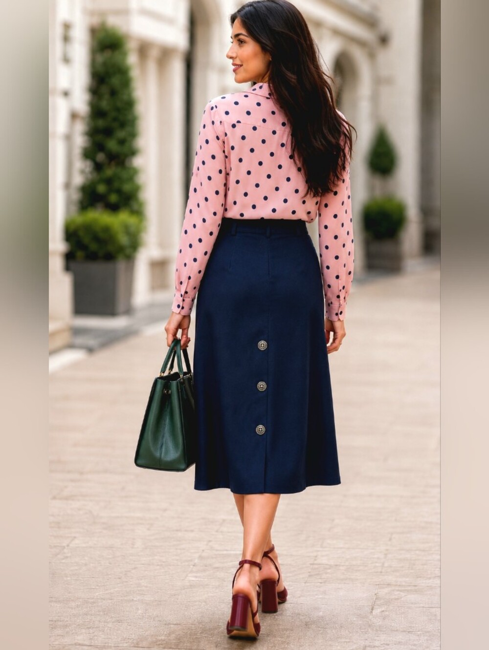 Vintage🐞Rare Navy Pencil Midi Skirt With Metal Buttons Slit Sz:M